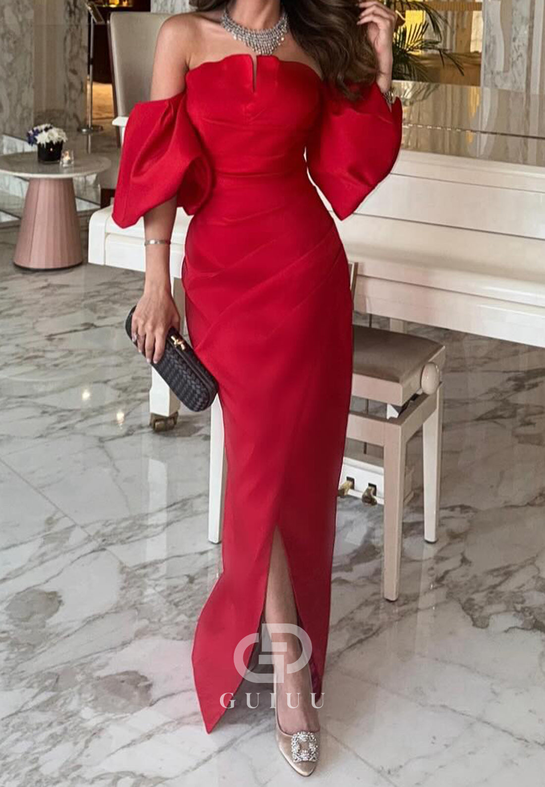 Simple Short Sleeves Off-Shoulder Slit Evening Dress