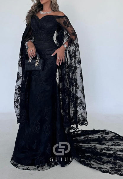 Black Long Sleeves Sweetheart Floral Appliques Evening Dress