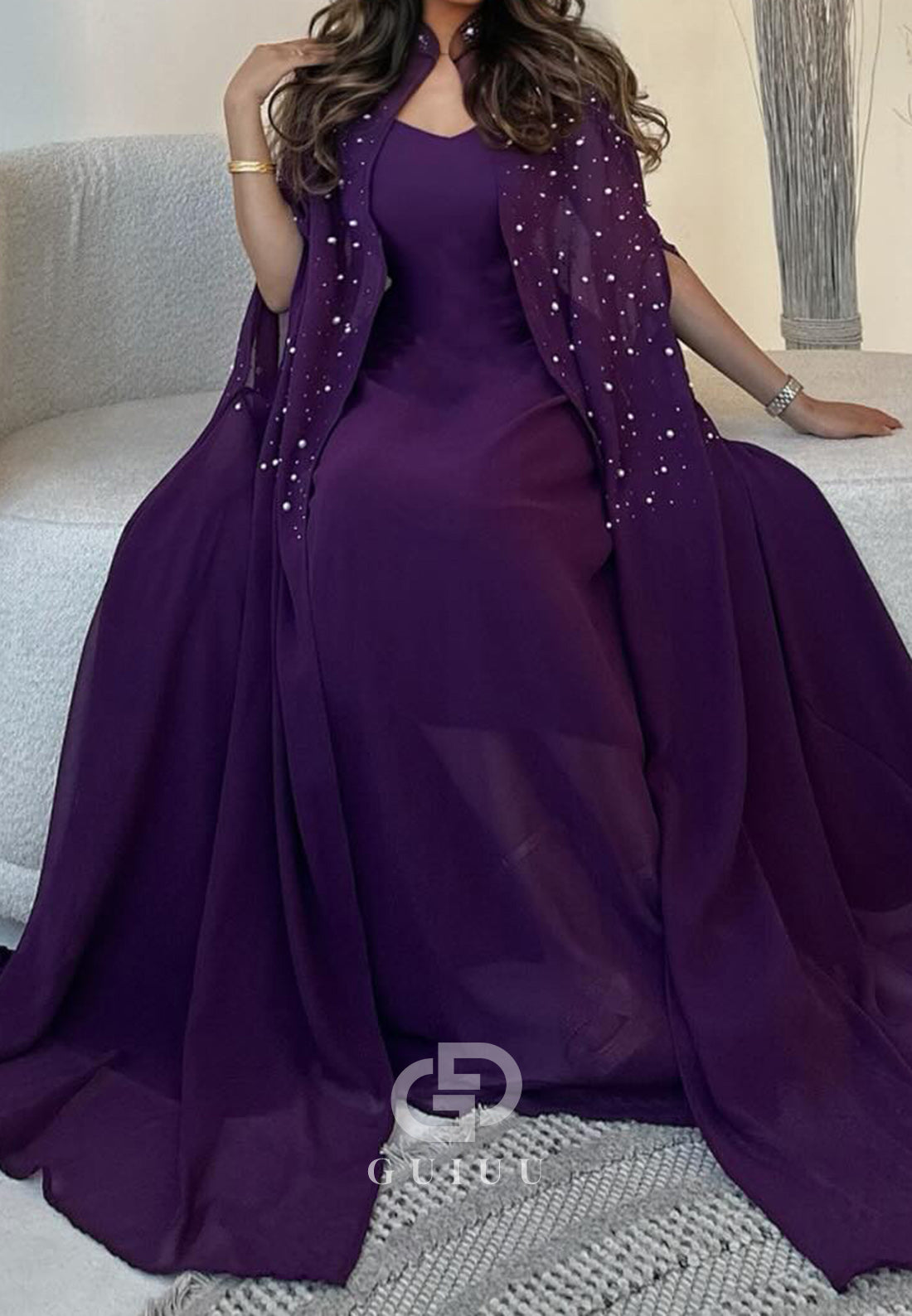 Raspberry Cape Scoop Sequins Chiffon Evening Dress