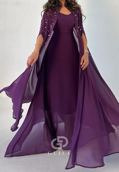 Raspberry Cape Scoop Sequins Chiffon Evening Dress