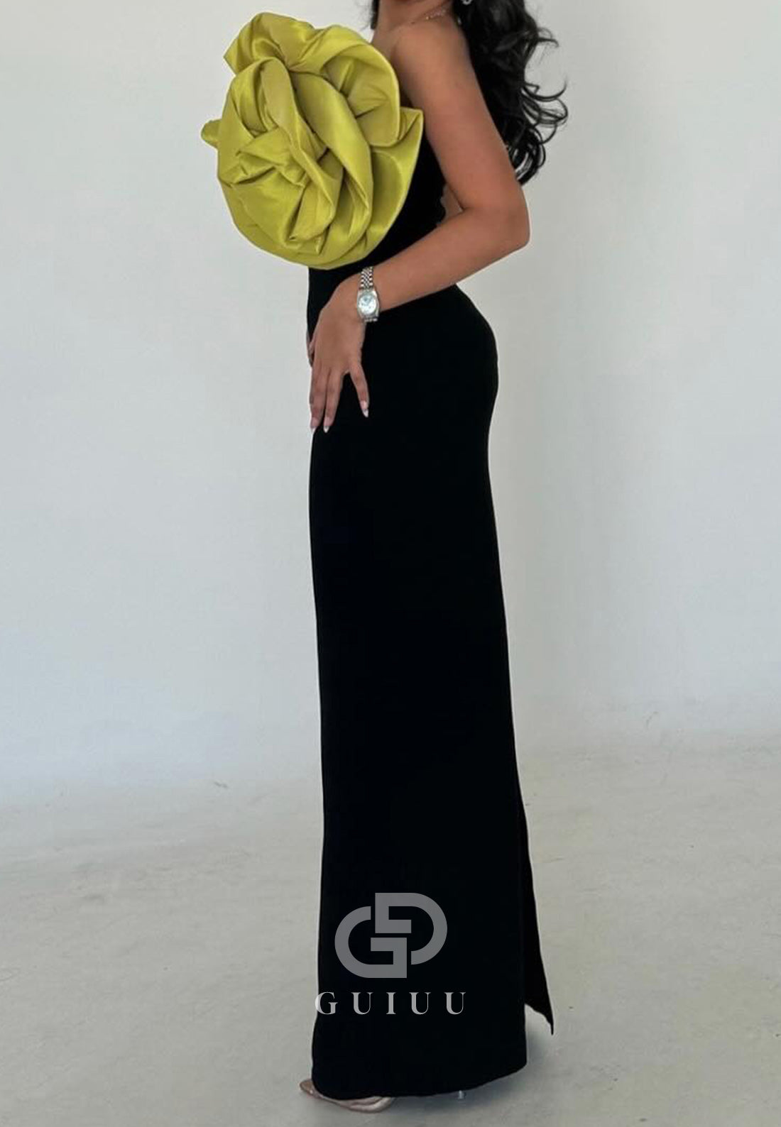 Black Strapless Sleeveless Floral Appliques Evening Dress