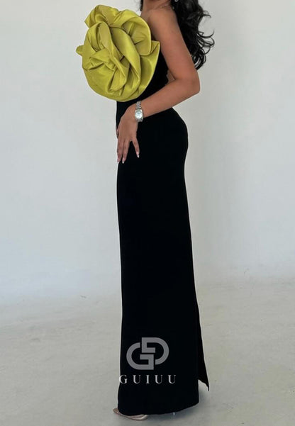 Black Strapless Sleeveless Floral Appliques Evening Dress