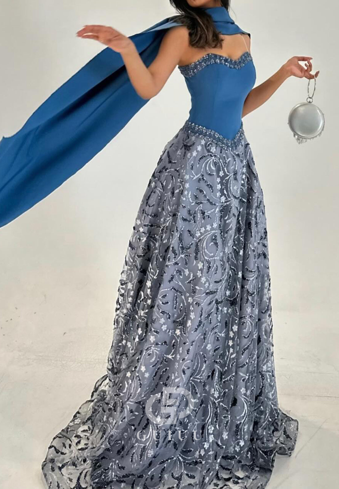 Steel Blue Strapless Sleeveless Appliques Evening Dress