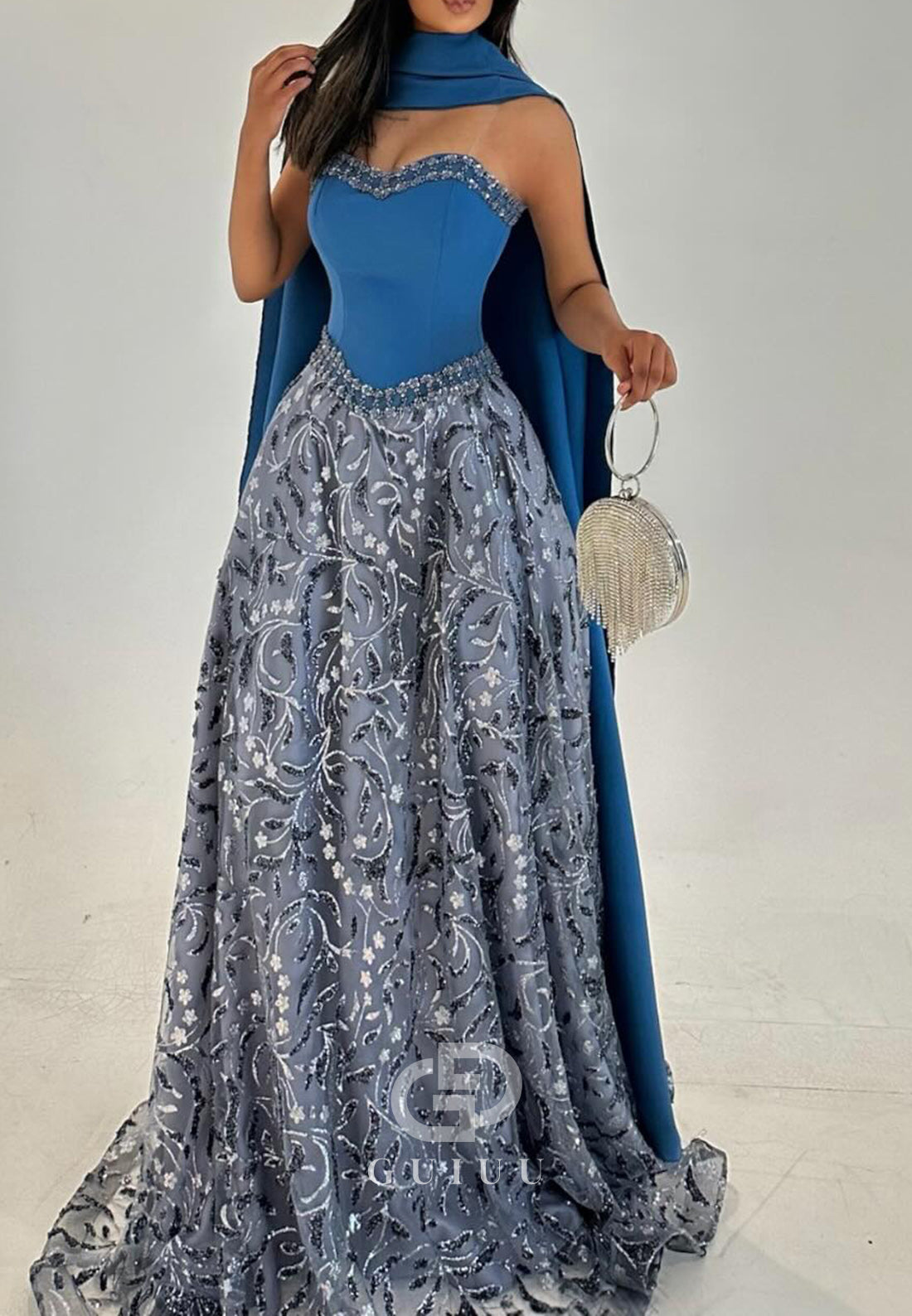 Steel Blue Strapless Sleeveless Appliques Evening Dress