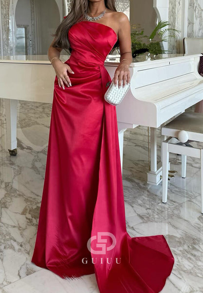 Simple Red One Shoulder Sleeveless Ruched Satin Prom Dress