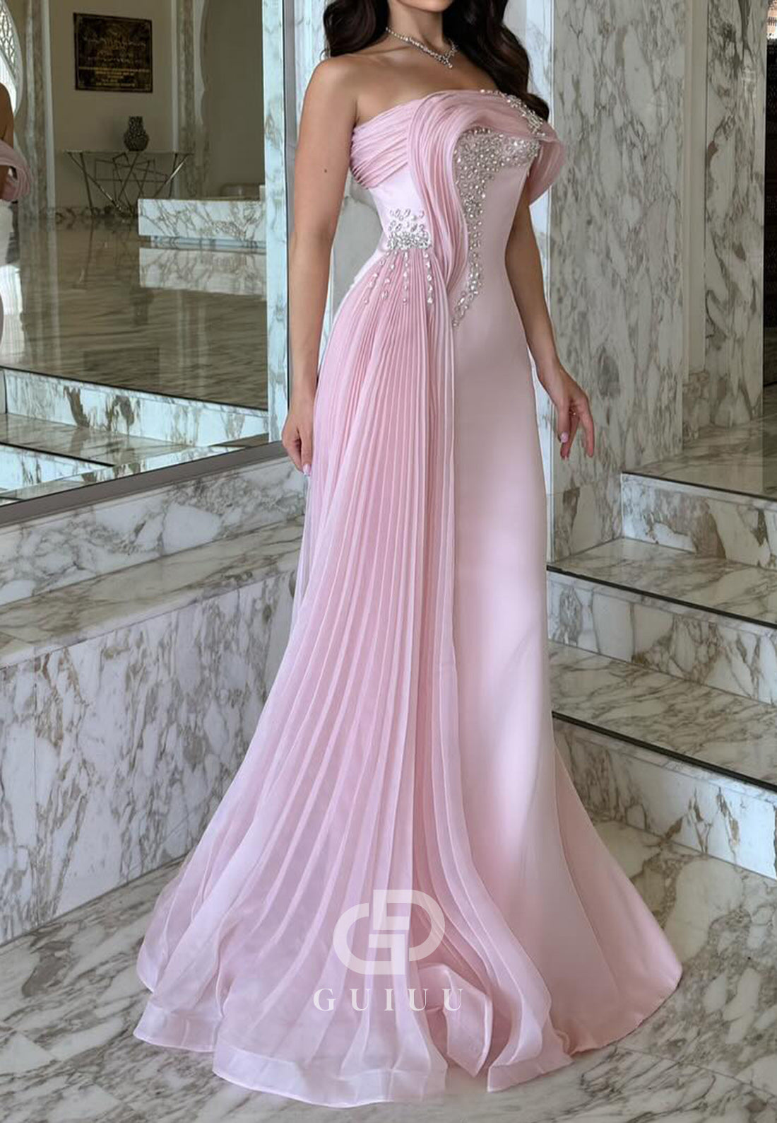 Blushing Pink Sleeveless Strapless Ruched Evening Dress