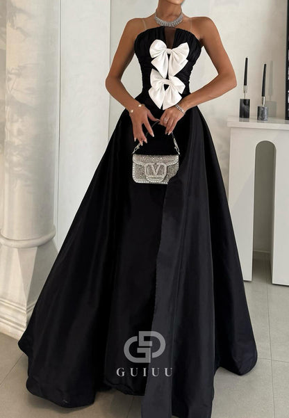 A-Line Strapless Sleeveless Bowknot Ruched Prom Dress