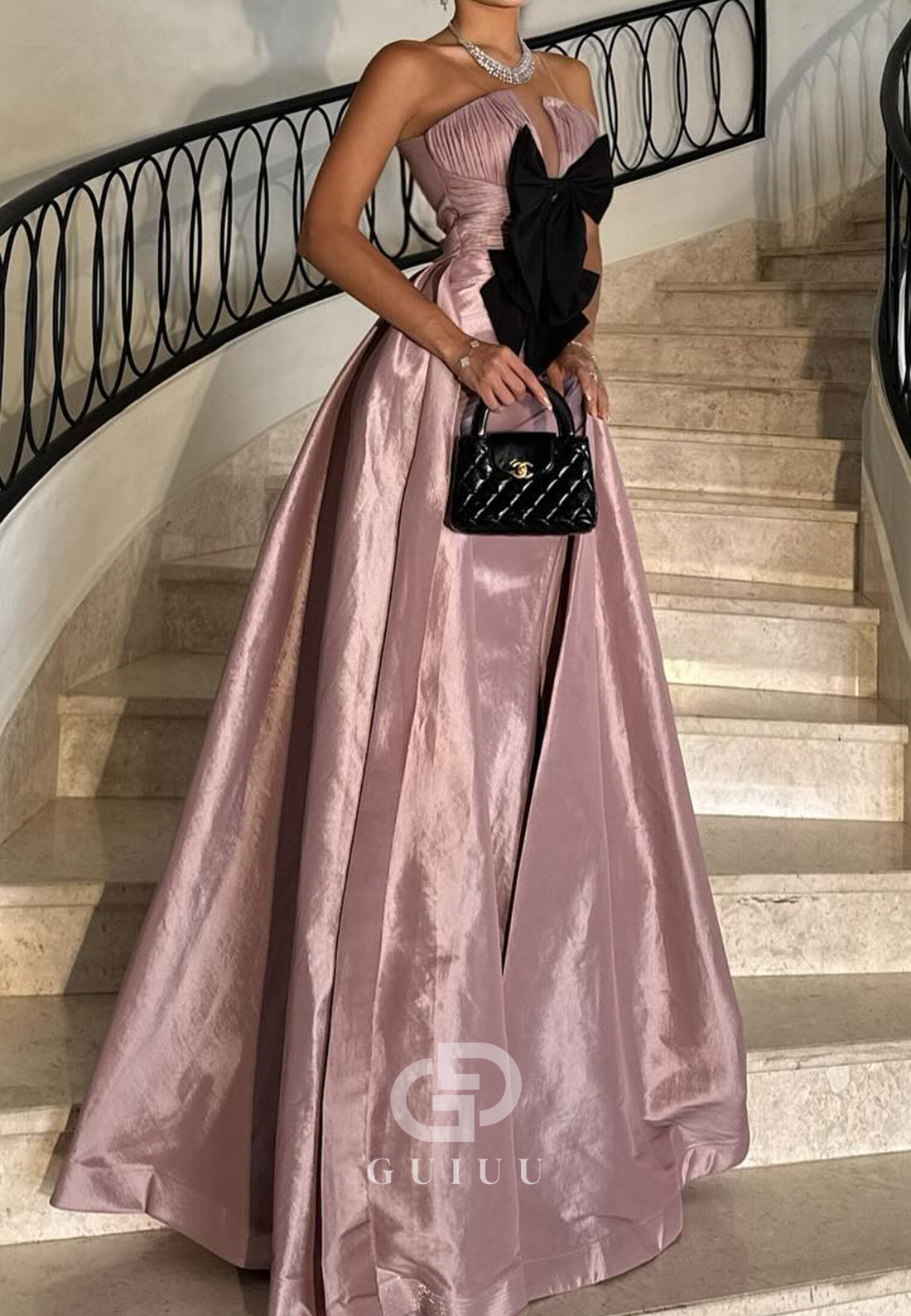 A-Line Strapless Sleeveless Bowknot Ruched Prom Dress