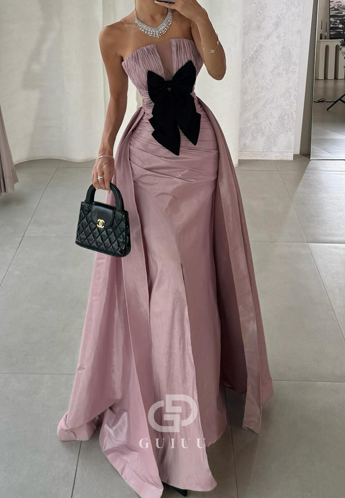 A-Line Strapless Sleeveless Bowknot Ruched Prom Dress