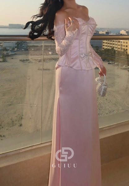 Blushing Pink Long Sleeves Sweetheart Corset Empire-Waist Prom Dress