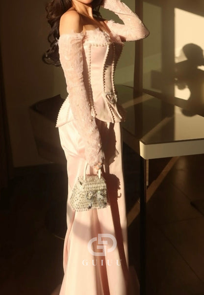 Blushing Pink Long Sleeves Sweetheart Corset Empire-Waist Prom Dress