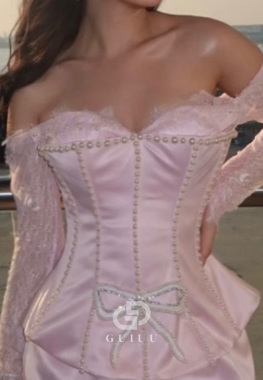 Blushing Pink Long Sleeves Sweetheart Corset Empire-Waist Prom Dress