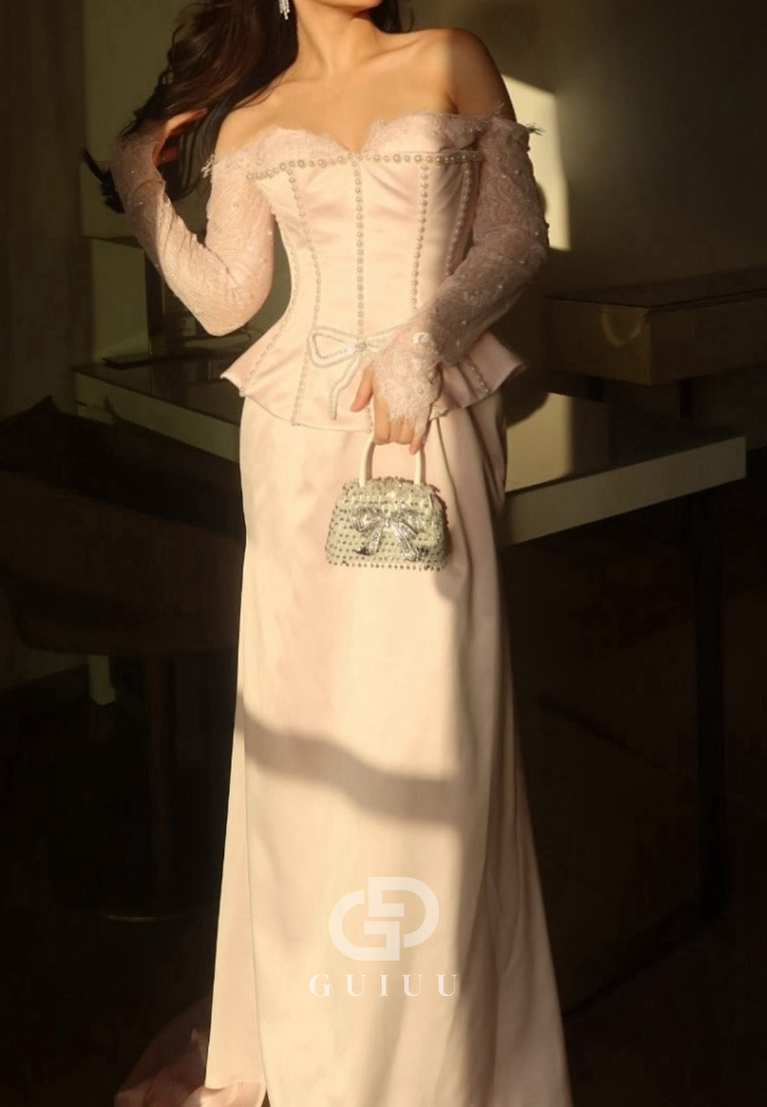 Blushing Pink Long Sleeves Sweetheart Corset Empire-Waist Prom Dress