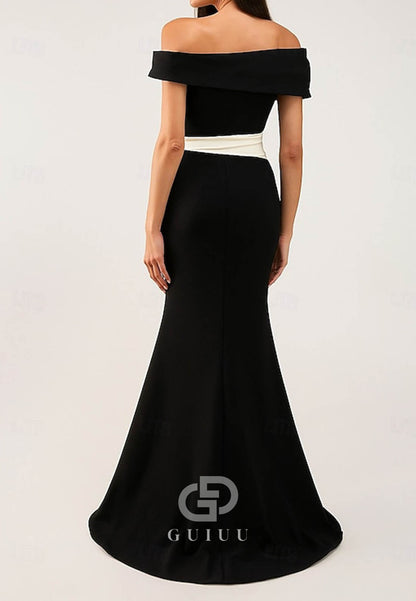 Black Scoop Short Sleeves Empire-Waist A-Line Evening Dress