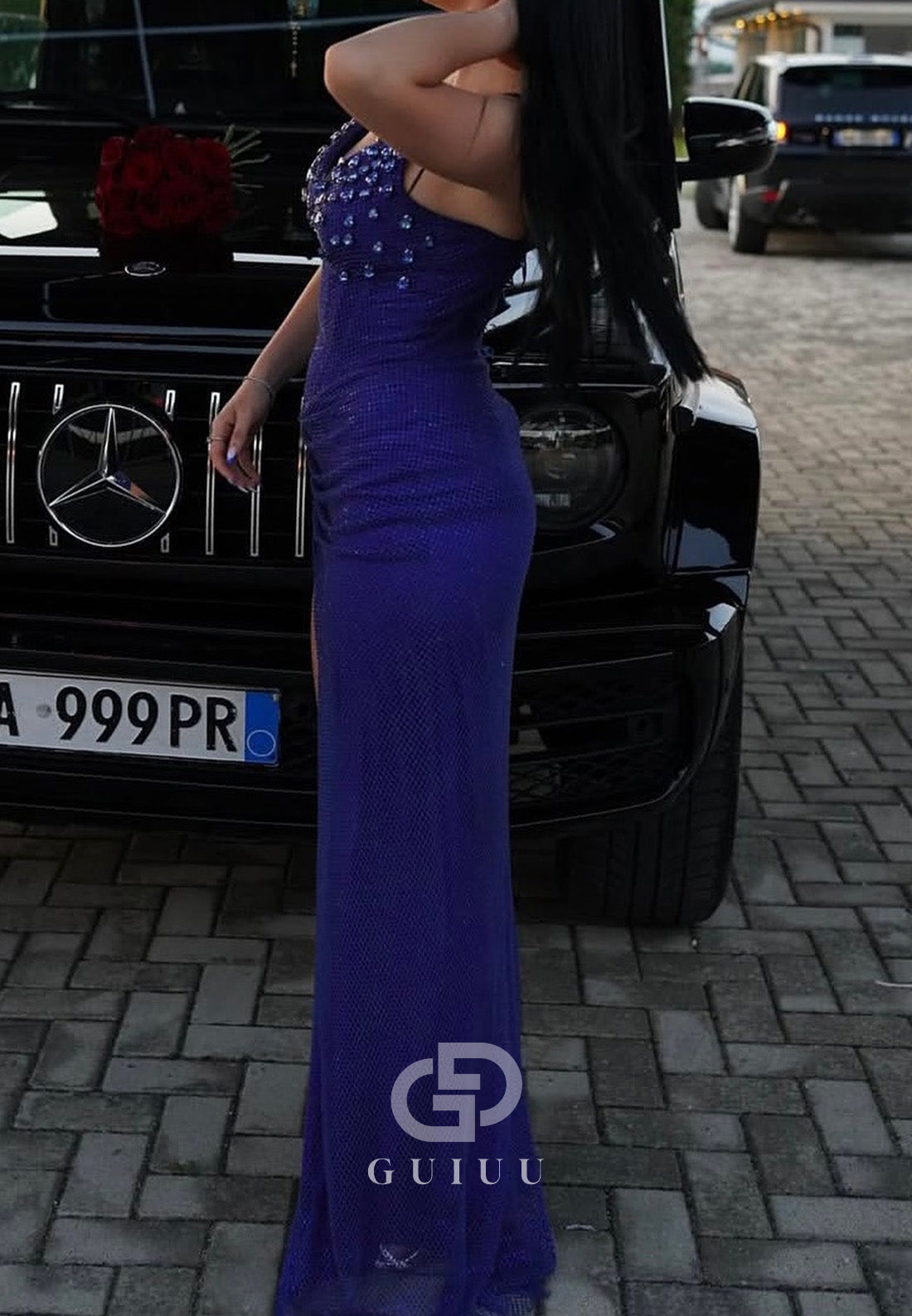 Blue Jay Sleeveless Strapless Beads Slit Prom Dress