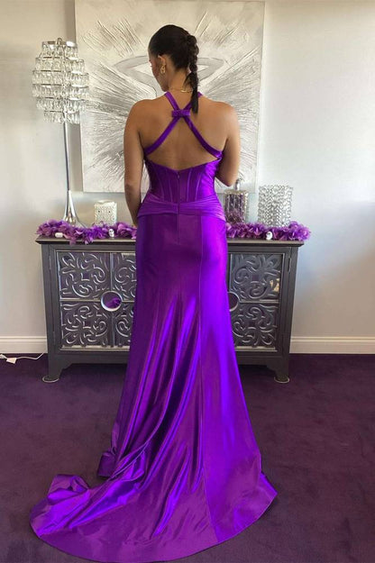 Sheath Halter Sleeveless Prom Dress with Slit Ruched Floor-Length Evening Party Dress