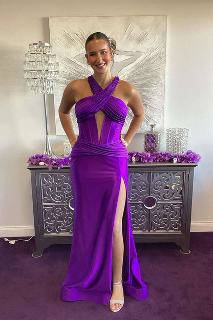 Sheath Halter Sleeveless Prom Dress with Slit Ruched Floor-Length Evening Party Dress