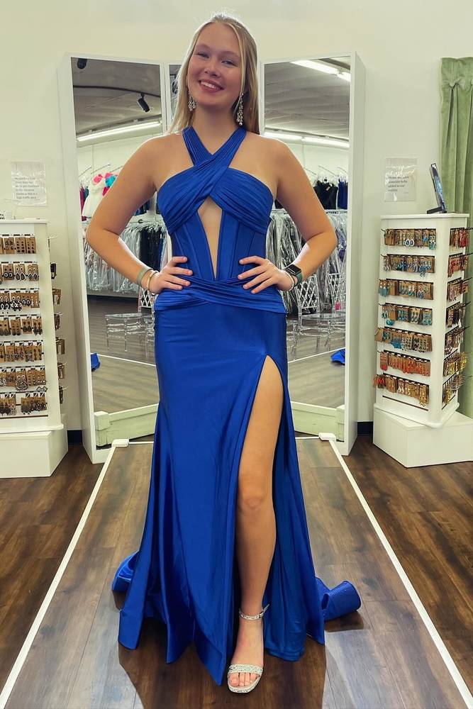 Sheath Halter Sleeveless Prom Dress with Slit Ruched Floor-Length Evening Party Dress