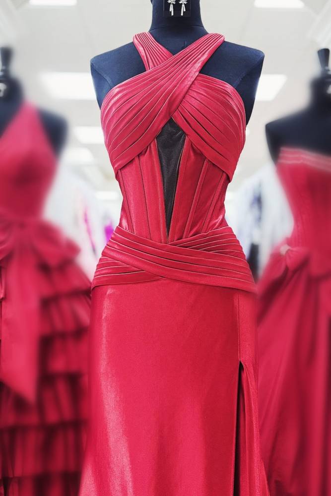 Sheath Halter Sleeveless Prom Dress with Slit Ruched Floor-Length Evening Party Dress