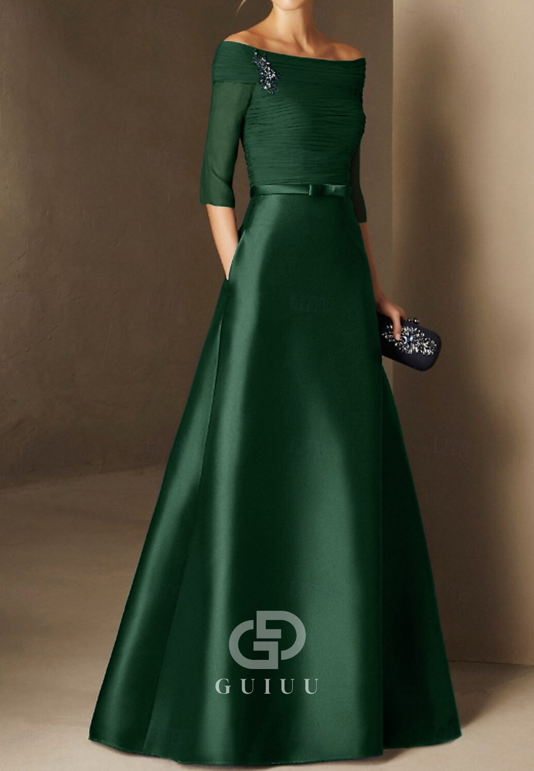 Half Sleeves Scoop Ruched A-Line Satin Mother of the Bride Dress