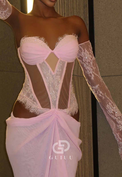 Blushing Pink Off-Shoulder Long Sleeves Ruched Corset  Prom Dress