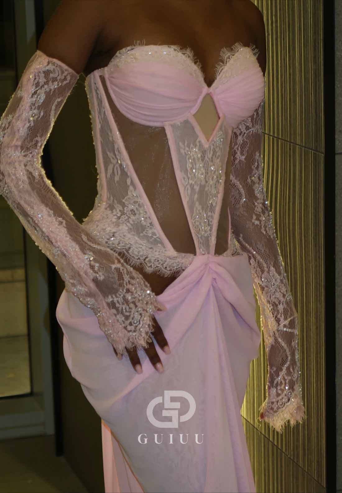 Blushing Pink Off-Shoulder Long Sleeves Ruched Corset  Prom Dress