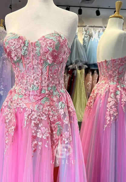 Blushing Pink Sleeveless Strapless Slit Prom Dress