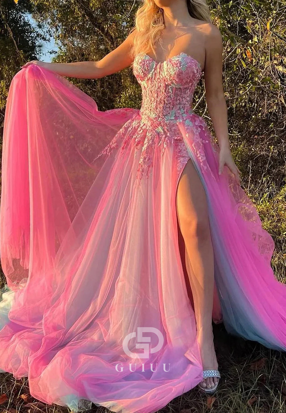 Blushing Pink Sleeveless Strapless Slit Prom Dress