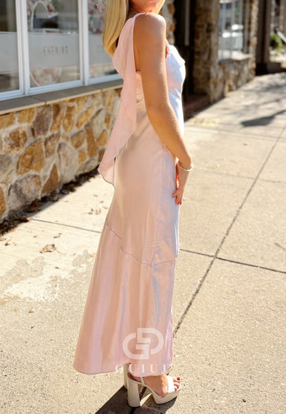 Blushing Pink Spaghetti Straps Square Ruched Satin Prom Dress