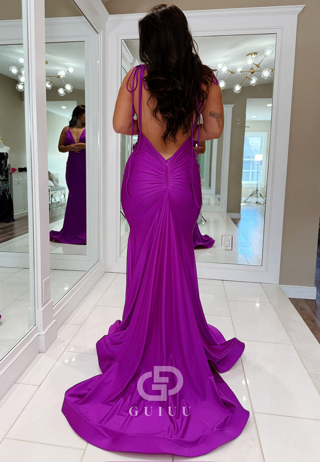 Orchid Spaghetti Straps V-Neck Backless Ruched Prom Dress
