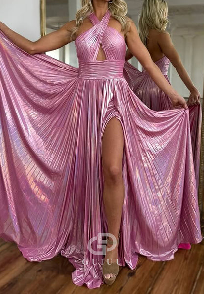 Candy Pink Halter Sleeveless Prom Dress with Slit Empire-Waist Evening Party Dress