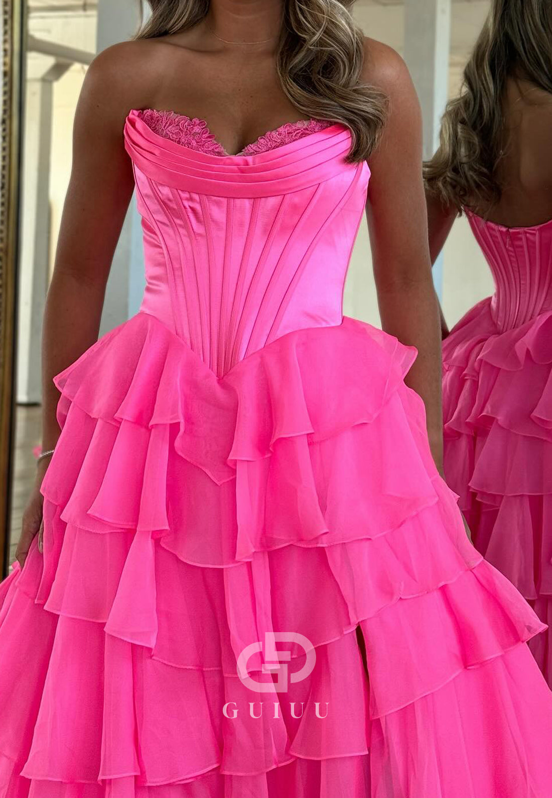 A-Line Strapless Sleeveless Slit Ruffles Prom Dress