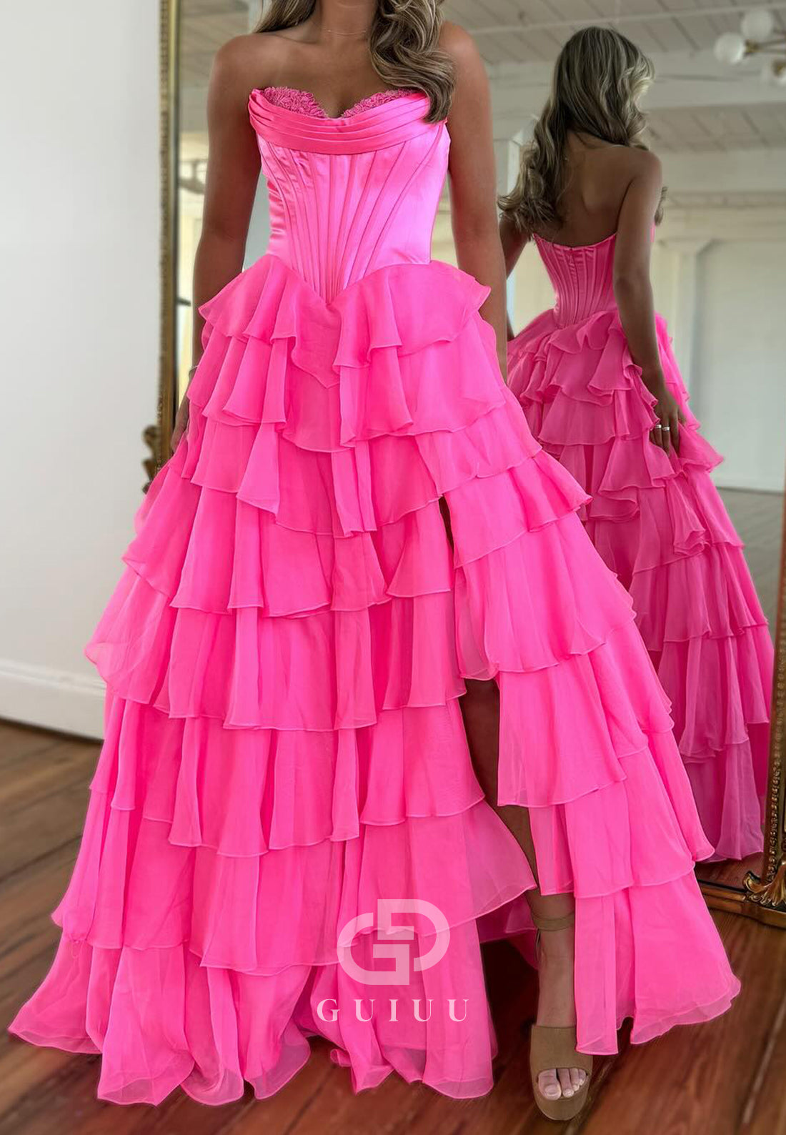 A-Line Strapless Sleeveless Slit Ruffles Prom Dress
