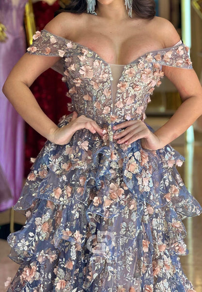 Elegant Sweetheart Sleeveless Floral Appliques Ruffles Prom Dress