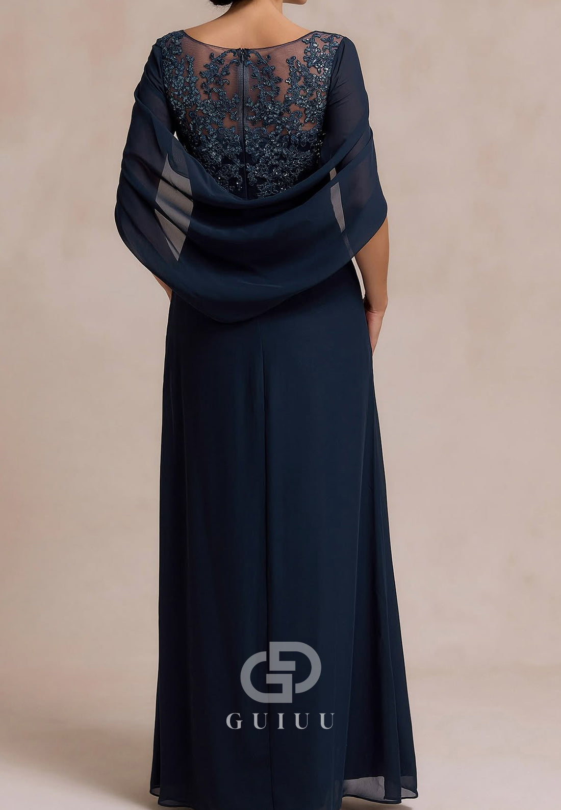 Neptune Cape Scoop Appliques Chiffon Mother of the Bride Dress