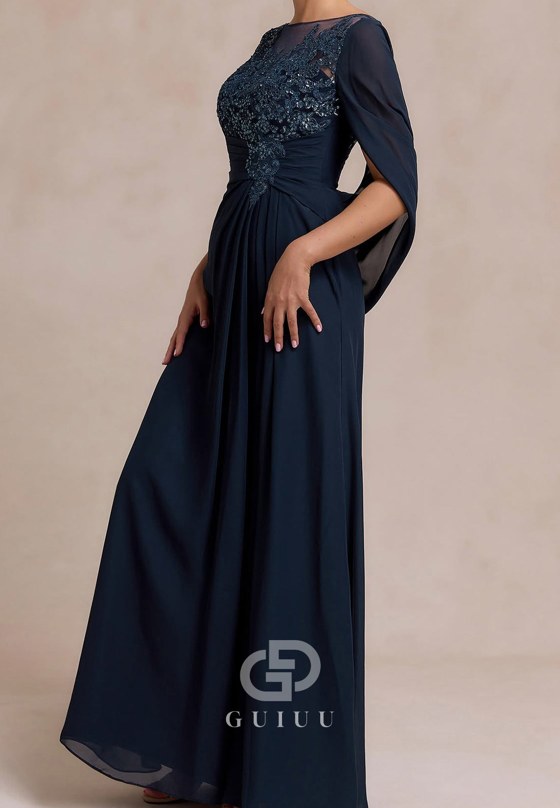 Neptune Cape Scoop Appliques Chiffon Mother of the Bride Dress