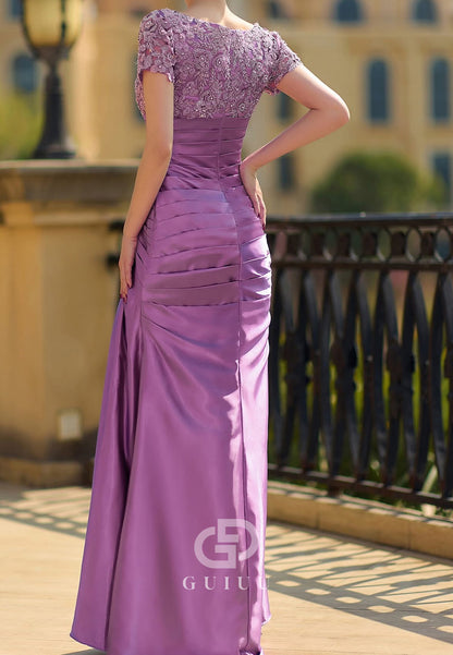 Lilac Short Sleeves Scoop Ruched Appliques Mother of the Bride Dress