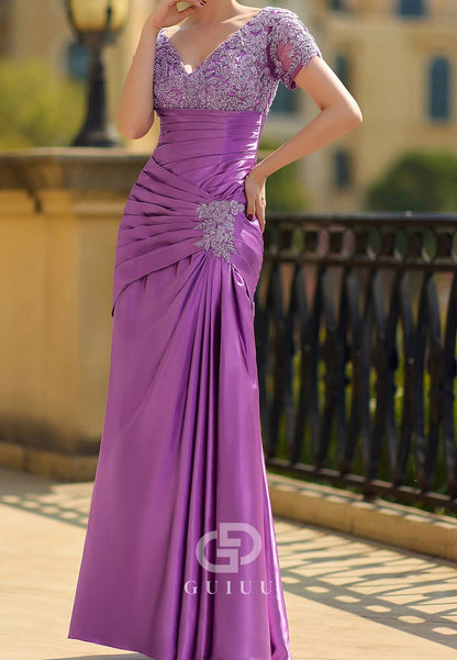 Lilac Short Sleeves Scoop Ruched Appliques Mother of the Bride Dress