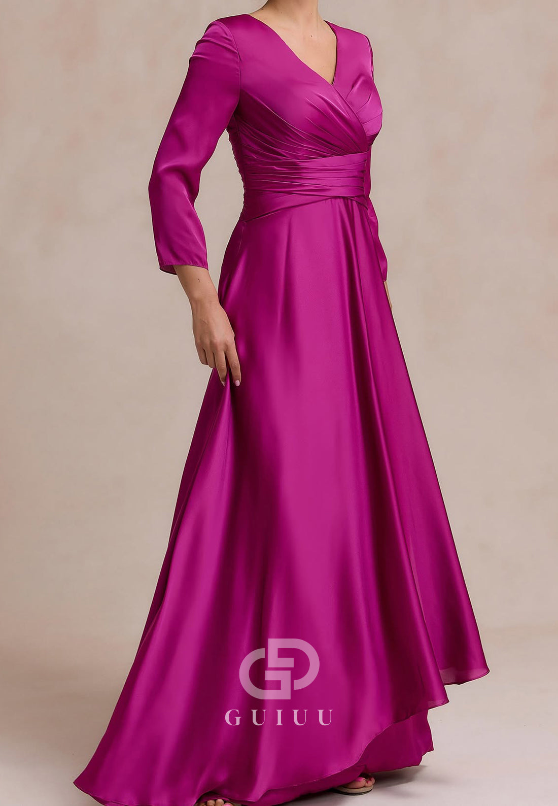 Fuchsia Long Sleeves V-Neck Empire-Waist Mother of the Bride Dress