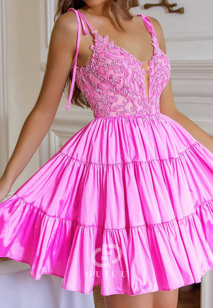 Blushing Pink Spaghetti Straps Square Appliques Short Homecoming Dress