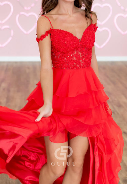 Red Sleeveeless Sweetheart Ruffles A-Line Prom Dress