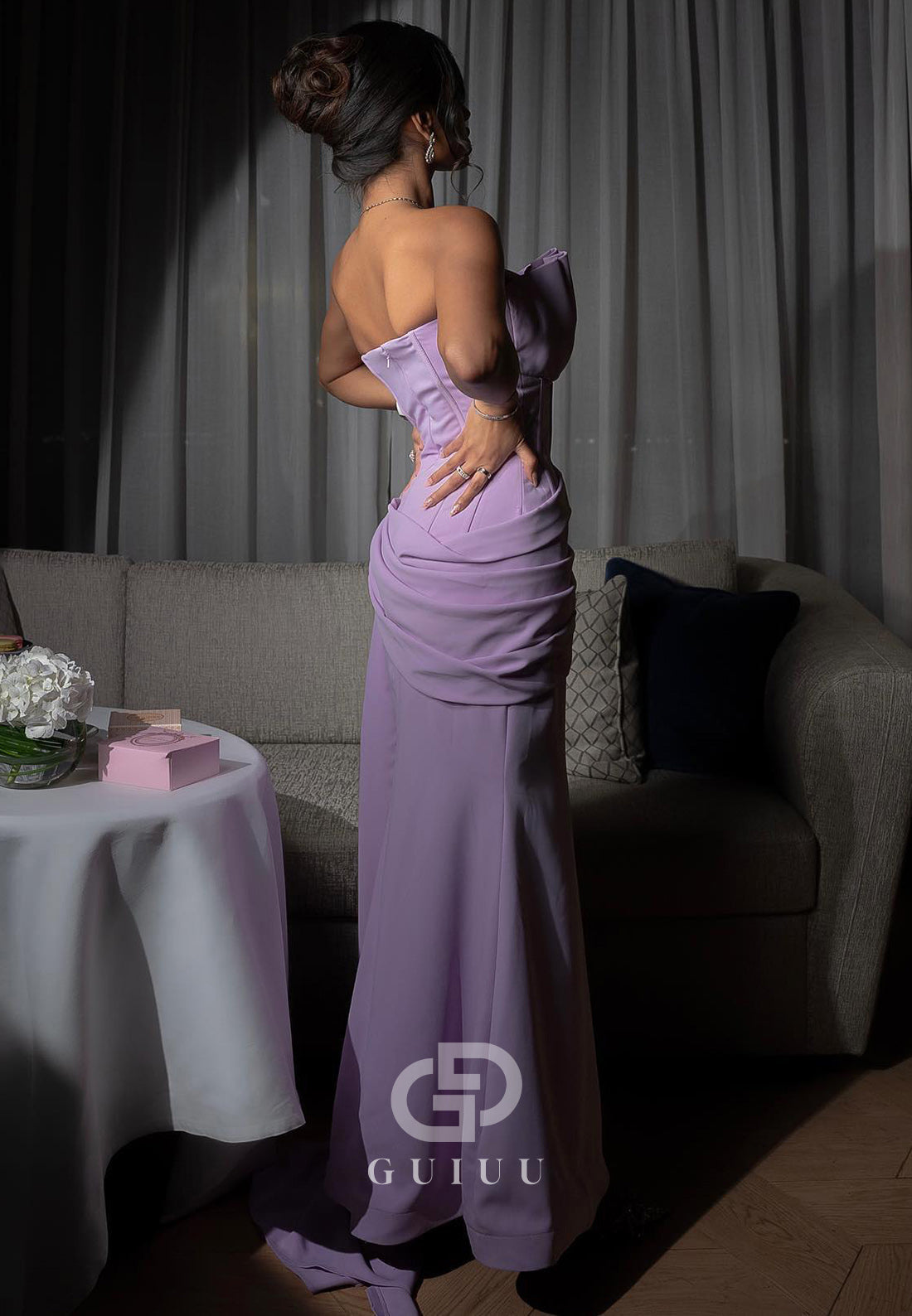 Lilac Strapless Sleeveless Ruched Evening Dress