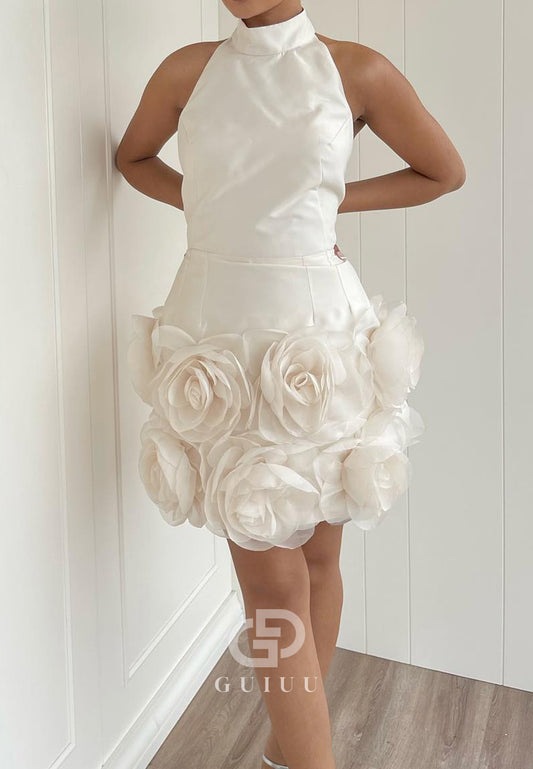 White Halter Floral Appliques Mini Homecoming Dress