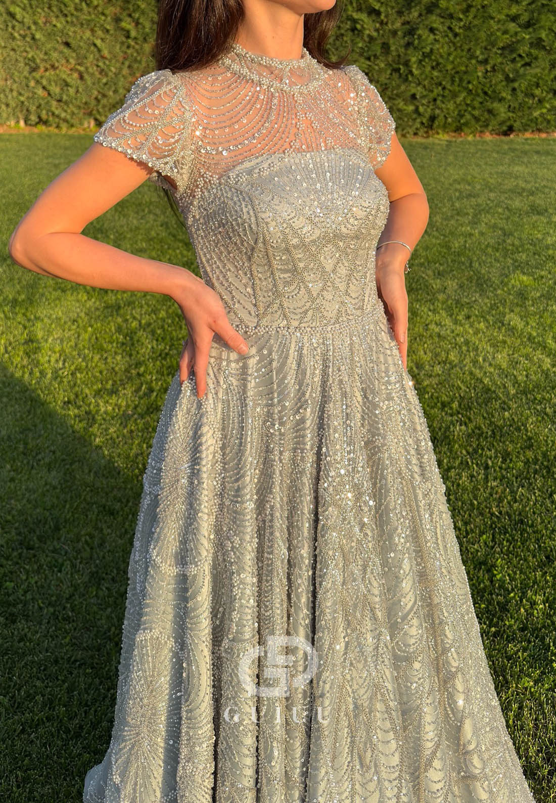 Dusty Sage Short Sleeves Scoop Sequins Empire-Waist Prom Dress
