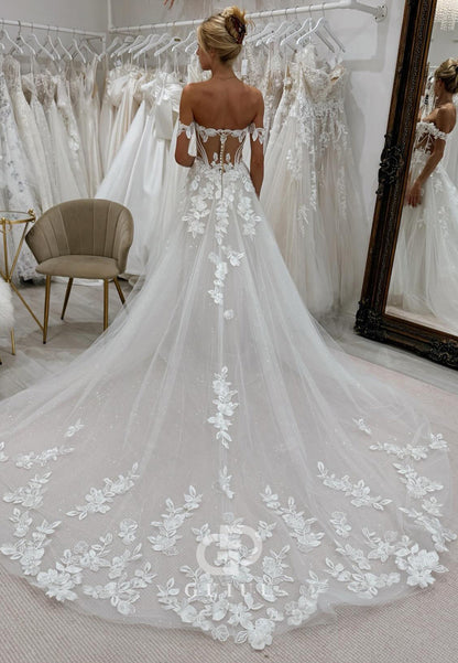 A-Line Sweetheart Sleeveless Floral Appliques Lace Wedding Dress