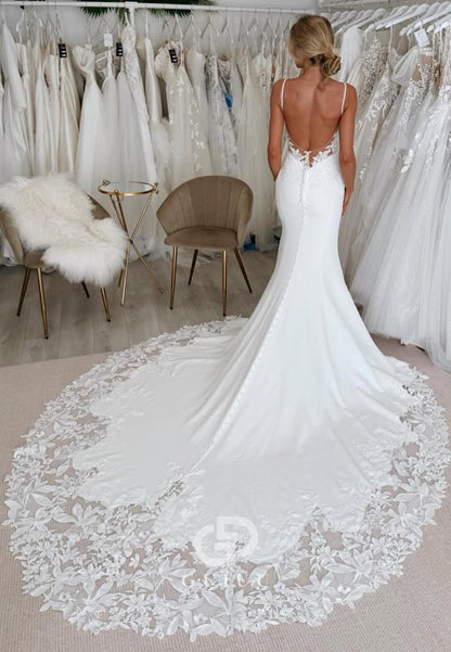 Mermaid Spaghetti Straps Sweetheart Floral Appliques Satin Wedding Dress