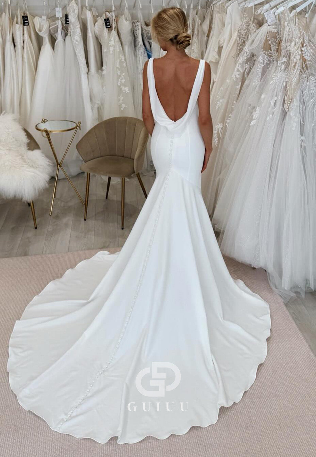 Simple Spaghetti Straps V-Neck Backless Wedding Dress