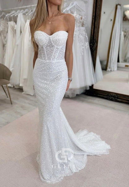 Charming A-Line Sweetheart Sequins Sweep Train Wedding Dress