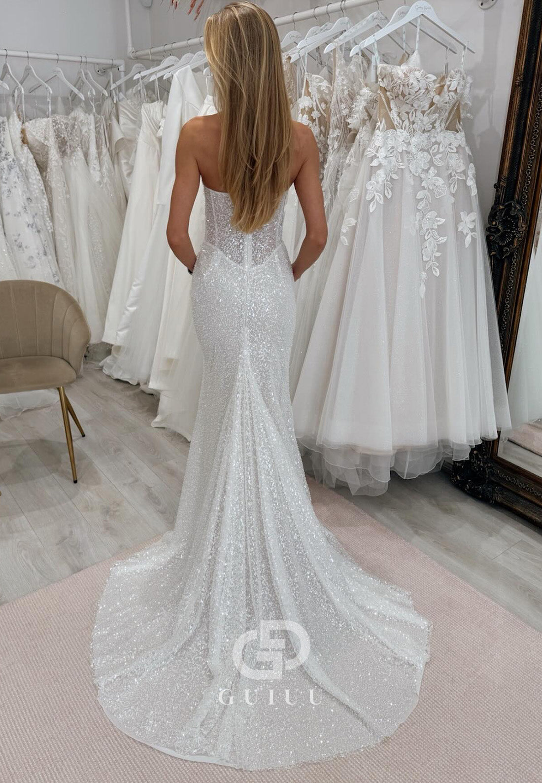 Charming A-Line Sweetheart Sequins Sweep Train Wedding Dress