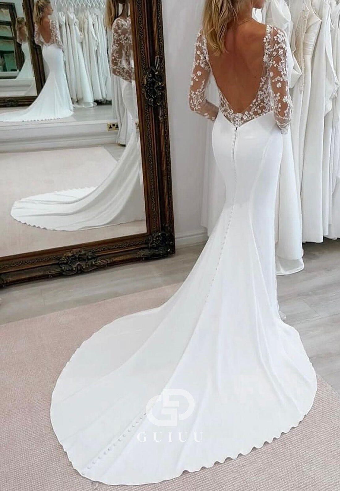Long Sleeves V-Neck Sequins Mermaid Wedding Dress
